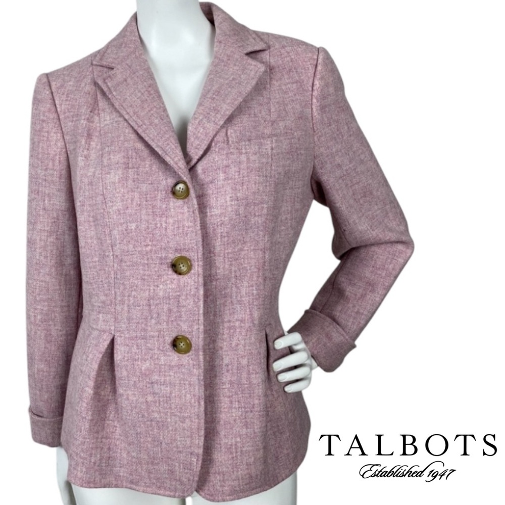 TALBOTS 100% Wool Blazer Jacket Grace Fit Pink Plum Lined Peplum Pockets Size 8